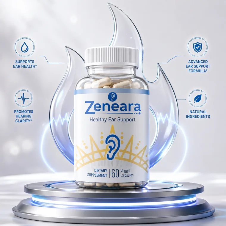 Zeneara bottle with key features: supports ear health, hearing clarity, natural ingredients